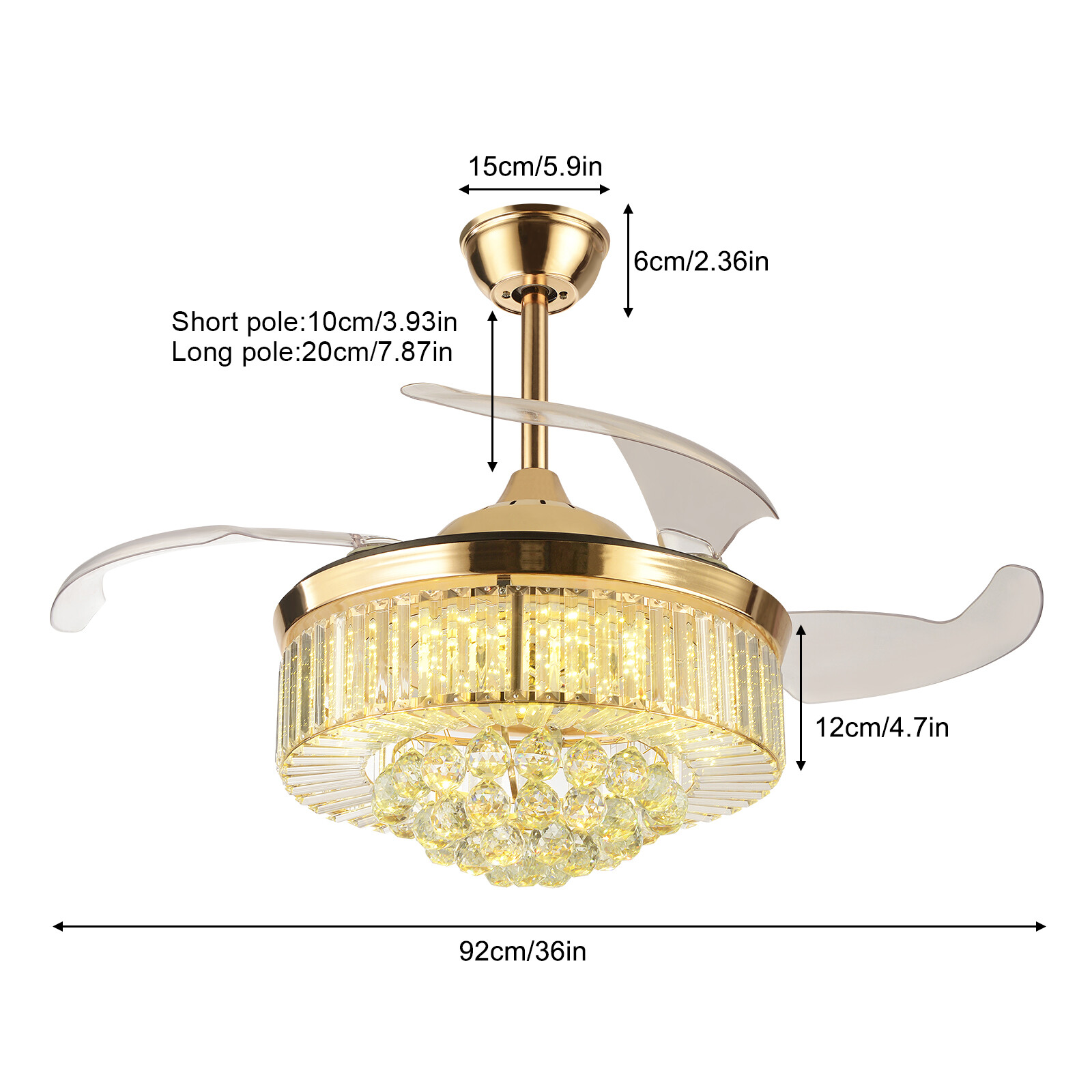 3-Color Crystal Chandelier, Ceiling Fan Light, Ceiling Fan Light with Remote