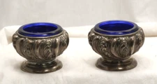 2- Antique Weidlich brothers 3853 salt cellar bowls, silver-plated cobalt glass