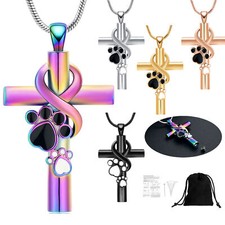 Cross Urn Pendant Paw Print Necklace for Pet Cremation Ashes Memorial Jewelry