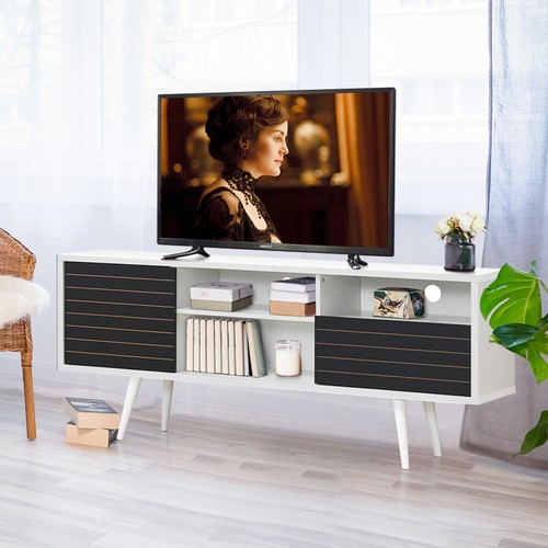 Modern TV Stand/Console Cabinet 3 Shelves Storage Drawer Splayed Leg Black/White - Picture 3 of 11