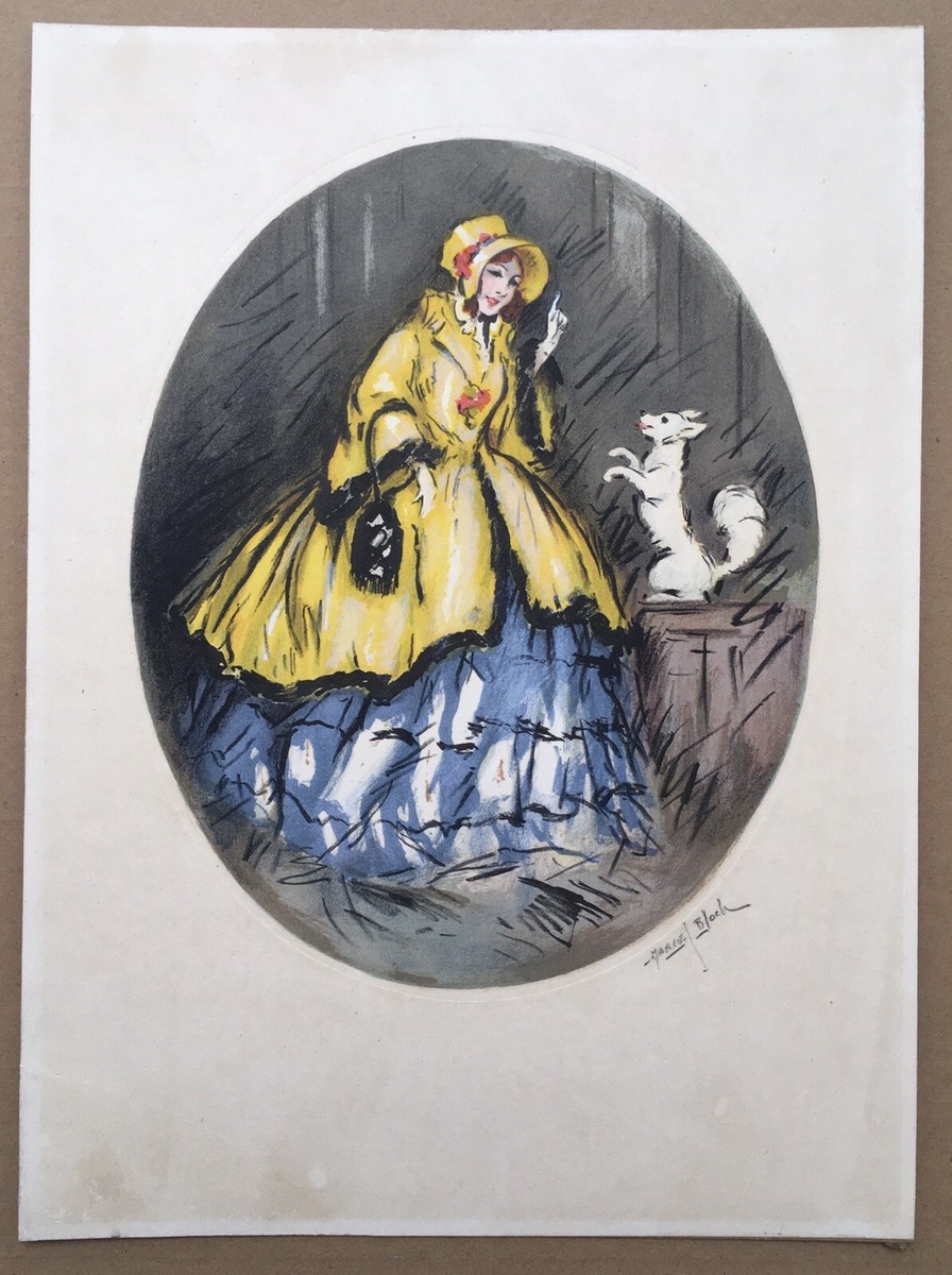 Engraving Antique Art Deco Marcel Bloch Portrait Woman Dress Fashion Dog