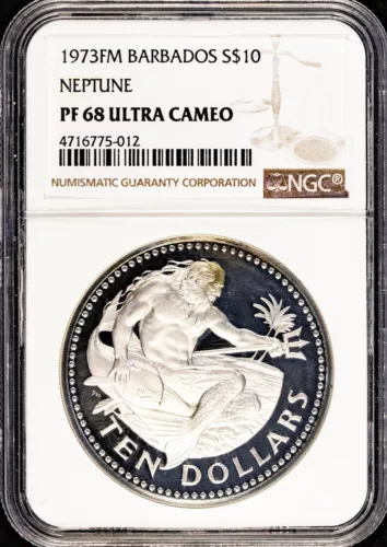 1973 Barbados Neptune NGC PF68 $10 Coin
