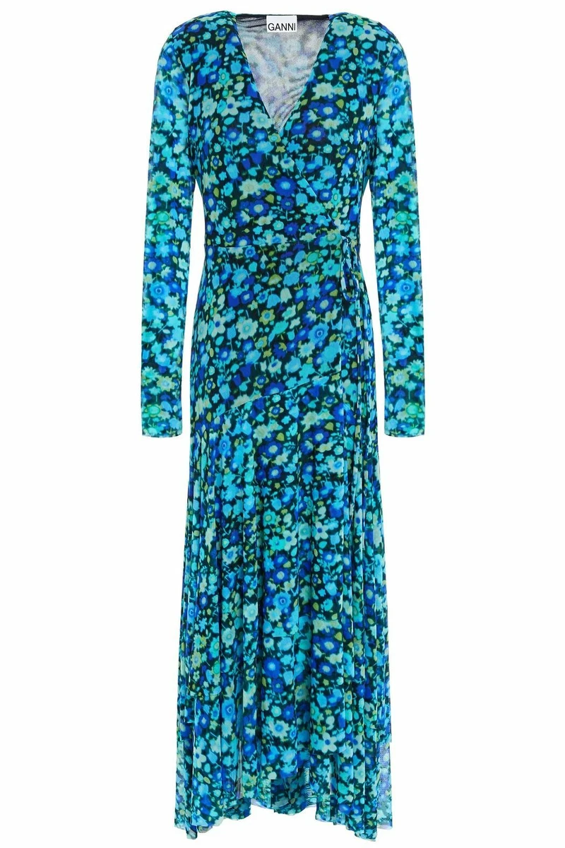 NWT GANNI Blue Floral Stretch Mesh Maxi Wrap Dress Azure Blue US4