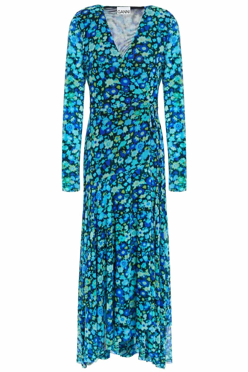 DIANE VON FURSTENBERG NWT GANNI Blue Floral Stretch-Mesh Maxi Wrap Dress  Azure Blue / $295