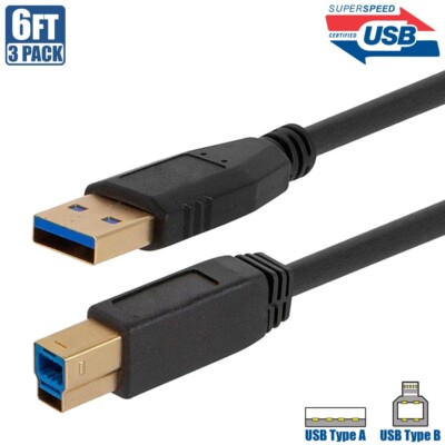 3x 6FT USB-A 3.0 Male to Type B Male SuperSpeed Data Cable For Printer Scanner