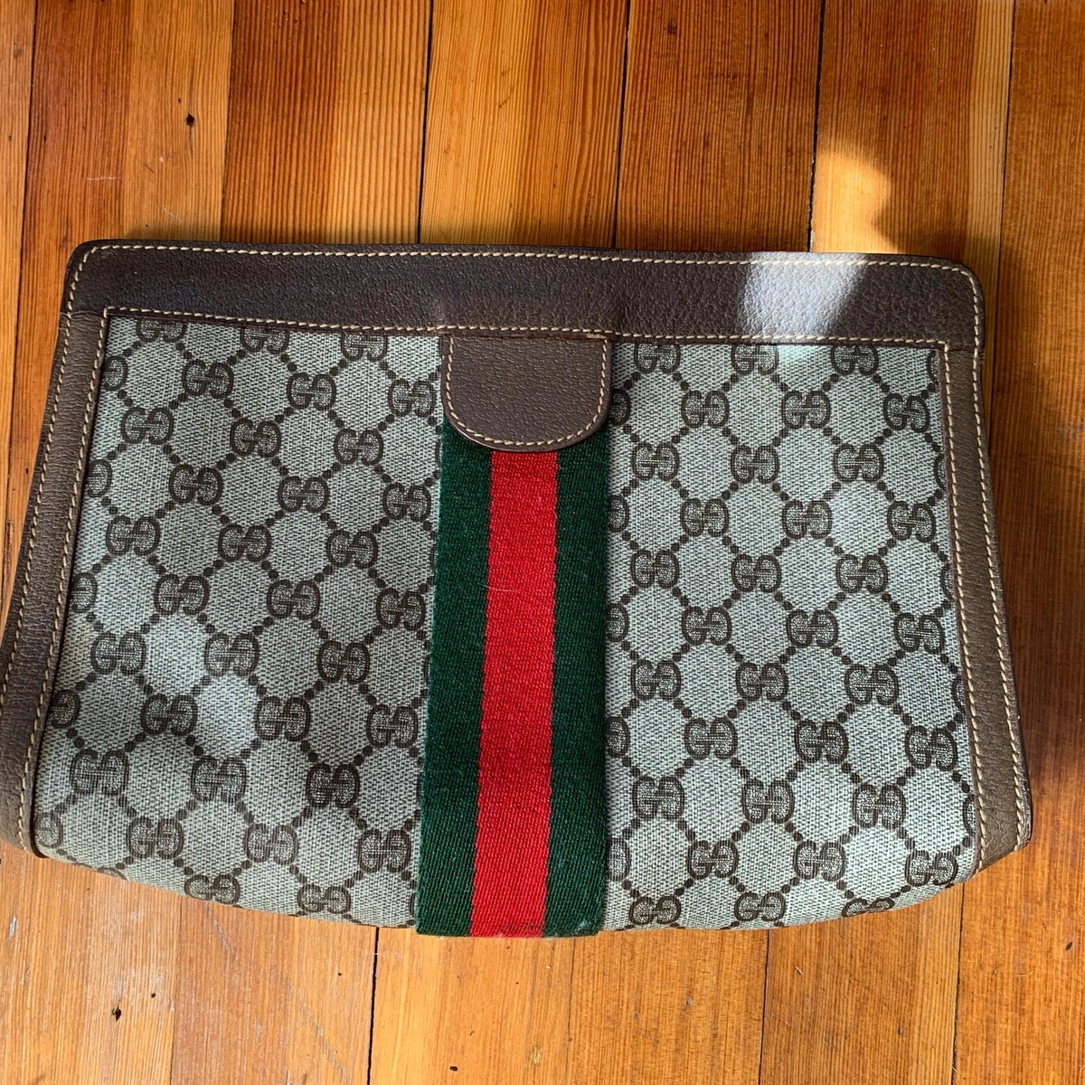 Gucci Vintage Brown GG Monogram Canvas Red Green Stripe Clutch Bag Pre Owned