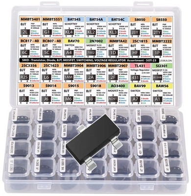 SMD SOT-23 Electronic Components Assortment, Transistors, BJT, MOSFET, Diodes...