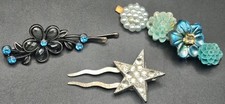 Vintage Rhinestone Hair Clips Lot Enamel Flower Star Bobby Pins Celestial Silver