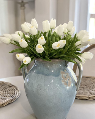 Artificial White Tulips 18Pc Faux Silk Real Touch Flowers for Home Decor