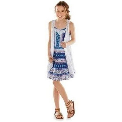 Knit Works Lace Handkerchief-Hem Sleeveless White Vest Print Dress Girls Size 8