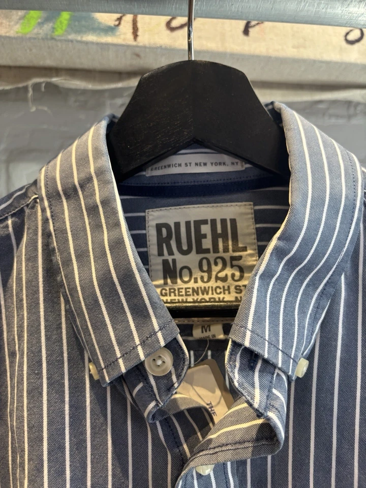 Ruehl No.925 Azul Blanco Rayas Oxford Camisa Abotonada Para Hombre Mediana Greenwich Foto 3 de 4