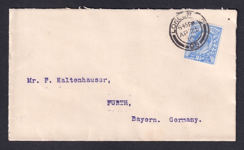 GB fine used 1910 envelope to Bavaria with KEVII twopence halfpenny stamp