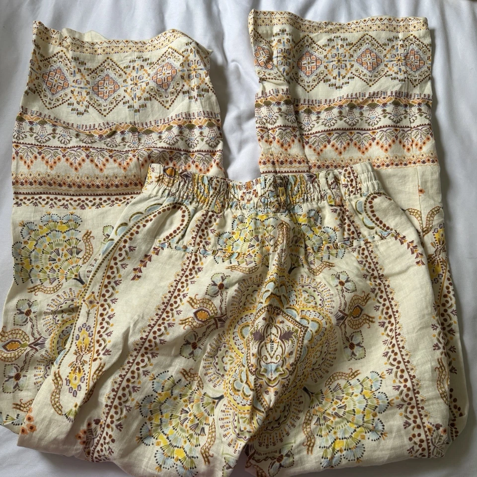 Pantalones Magaschoni 100% Lino Paisley Cintura Elástica XS Pierna Ancha Foto 4 de 4