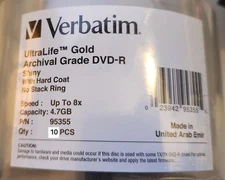 Verbatim DVD-R 4.7GB 16X UltraLife Gold Archival Grade -- 10pk Spindle