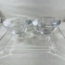 Vtg Clear Glass Candle Holders Concentric Ridges W/ Swirl Pattern Set 2