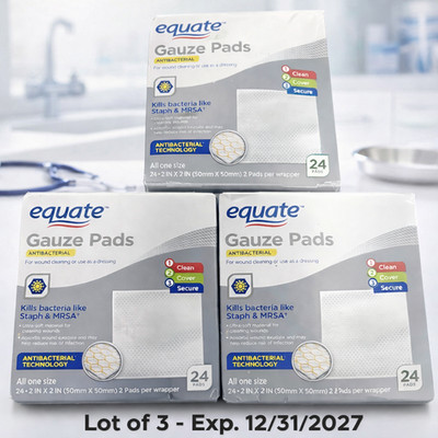 Equate Antibacterial Gauze Pads 2'' x 2 Inch Lot of 3 Box 72 Pads Total Exp 12/27
