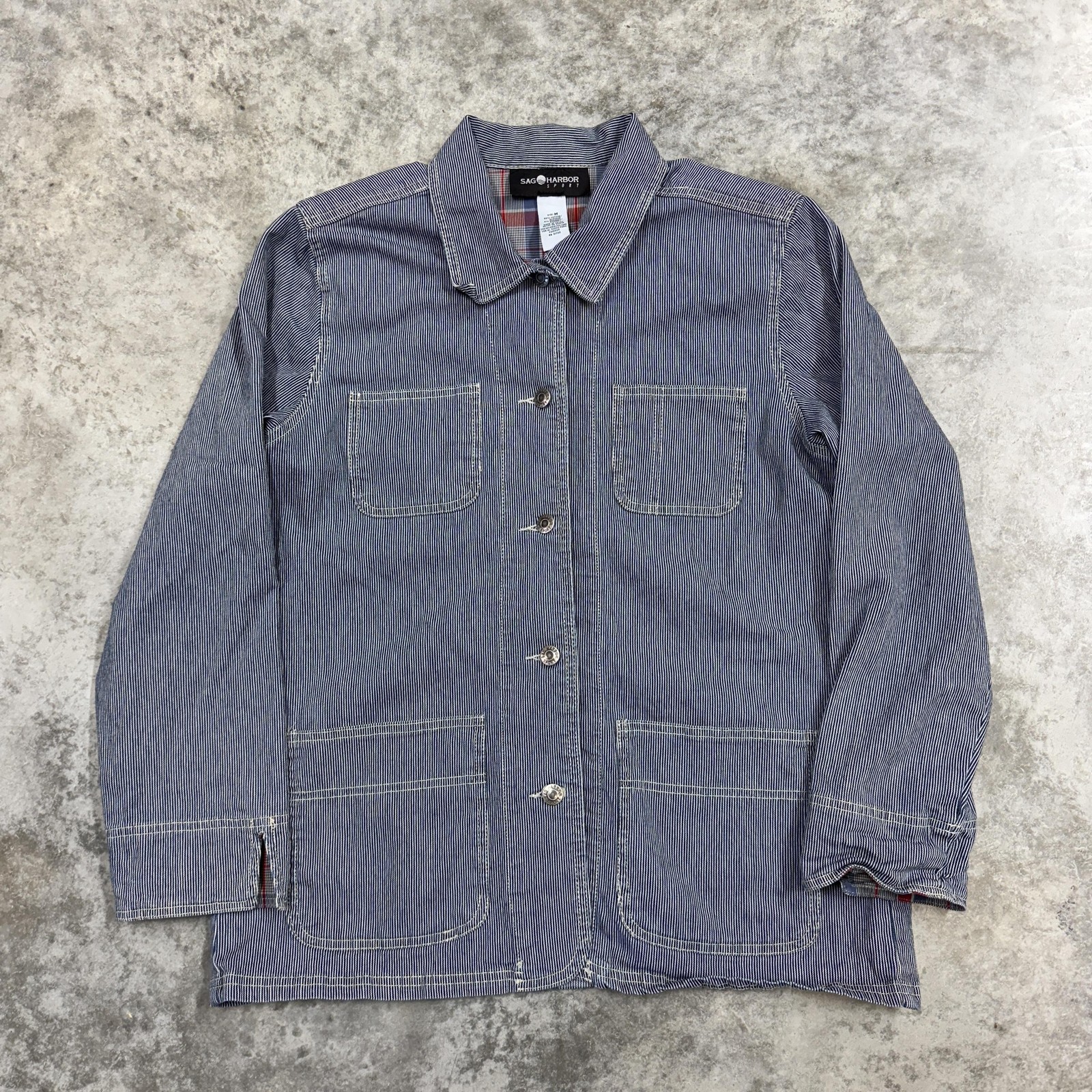 Sag Harbor Sport Jacket Womens Medium Blue Stripe Denim Chore Workwear Utility