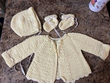 Handmade Baby Sweater Bonnet Booties set Crochet Yellow White Cottage Vintage