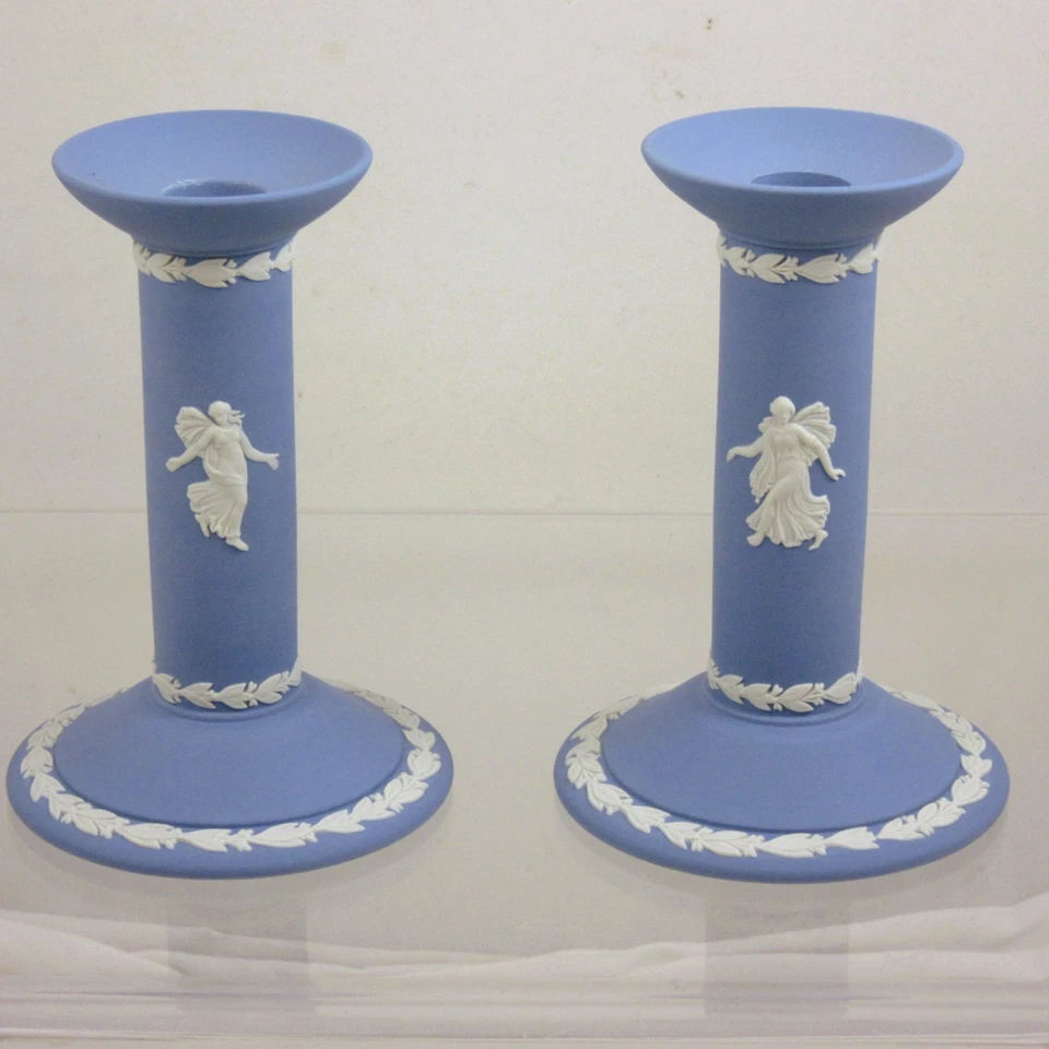 Wedgwood Blue Jasper Ware Dancing Hours Candle Sticks - 15 cm tall - Image 3 of 4