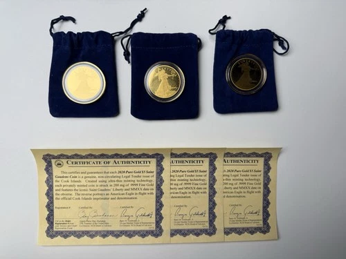 Lot Of 3 2020 Cook Islands Saint Gaudens $5 .9999 Fine Gold Eagle Coin W/COA