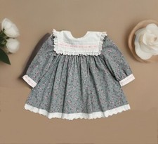 Vintage HI GIRLS INC Dress Sz 24 Mo Gray Pink Floral White Trim Long Sleeve