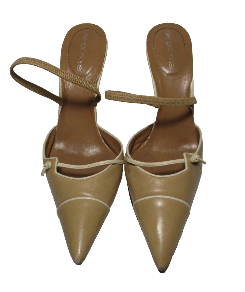 Zapatos de salón Sergio Rossi 38,5 EUR EE. UU. 7,5 cuero beige tostado punta Foto 2 de 4