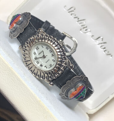 Sterling Silver Navajo Turquoise Coral Inlay Heart 925 Arenix