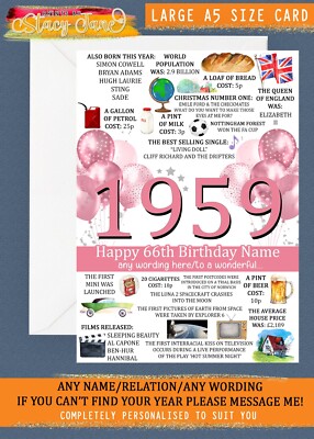 Personalisierte GROSSE A5 KARTE 66. Geburtstag 1959 weiblich Geburtsjahr Tochter Freundin