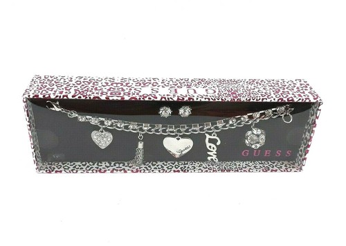 GUESS Womens Rhinestone Heart Love Charm Bracelet Earring Bling Set New NIB - Picture 2 of 8