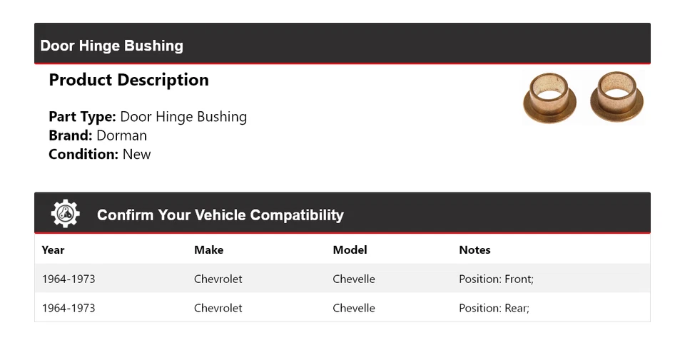 Buje de bisagra de puerta para Chevrolet Chevelle Dorman 1964-1973 1965 1966 1967 1968 Foto 2 de 4