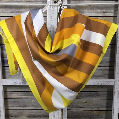 VERA NEUMANN Scarf 27  Square Modernist GEO Stripe Yellow White Tan  Vintage