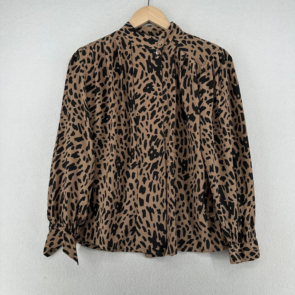 VINTAGE Top 6 Silk Crepe de Chine Leopard Blouse Brown HK Vintage