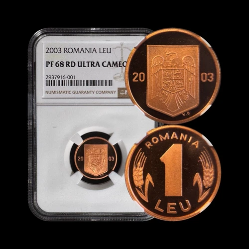 ROMANIA. 2003, 1 Leu - NGC PF68 - Crowned Eagle Coat of Arms, Olive Branch RARE