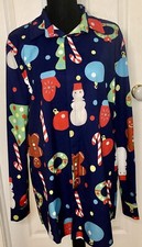Christmas symbols XL Polyester Button-Up Shirt, Navy Blue