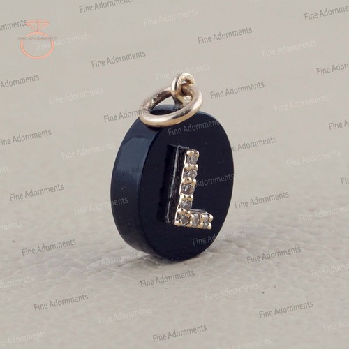 Diamante Natural Ónix Negro Sólido Oro Amarillo 14k L Inicial Dije Colgante Joyería - Imagen 4 de 7