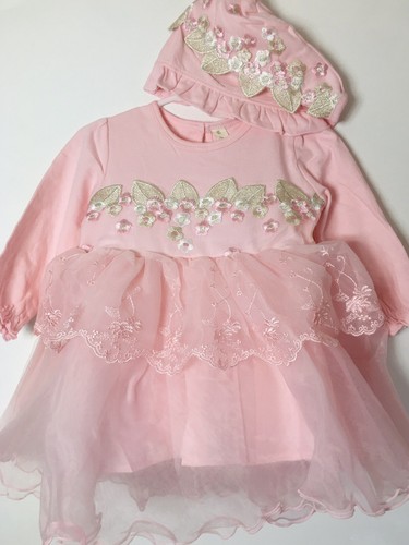 Baby Girl Floral Formal Party Dress Pilot Cap set 12-18 M Pink Long Sleeve - Picture 9 of 12