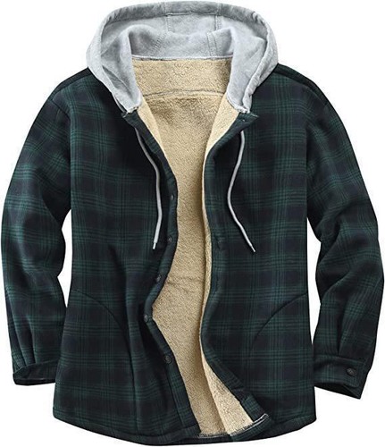 Mens Plaid Heavy Fleece Hoodie Soft Lined Zip-Up Fashion Jacket Work Casual Coat - Picture 10 of 16