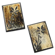 Lot of 2 Bovine Horn Japanese Silk Screen Style Rectangle Buttons Flower Design