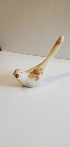 Fenton Custard Glass Bird Hand Painted Flowers Tan Brown Vintage Signed