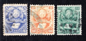 Bolivia 1878 Short Set of 3 Arms and the Law, 5c to 20c, Scott 20-22 used