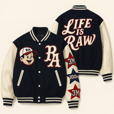 RAWAGE “LIFE IS RAW” Varsity Jacket — Premium Wool & Leather | Retro Patchwork B