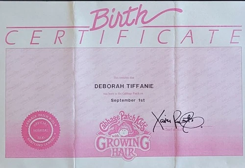 Vintage Growing Hair Cabbage Patch Kids Birth Certificate Girl ~Deborah Tiffanie
