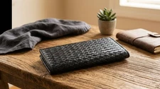 Men’s Leather Long Wallet Clutch – Handmade Black Woven RFID Card Holder