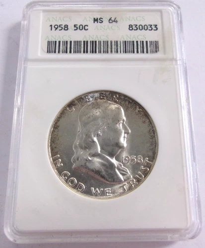 1958 Franklin Silver Half Dollar ANACS MS 64