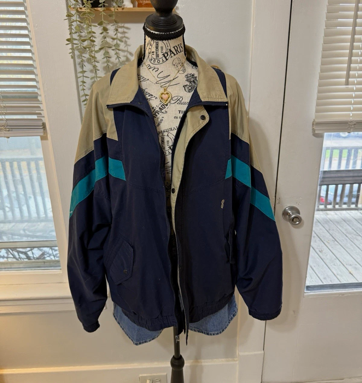 Bill Blass Men's Colorblock Windbreaker Jacket Full Zip Navy Beige Teal L - product detail image 1