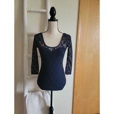 Abercrombie  Fitch Navy Blue Lace Bodysuit 3/4 Sleeve Scoop Neck Size Small