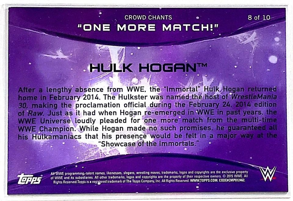 2015 Topps WWE Crowd Chants One more Match! Hulk Hogan #8 Trading Card FREESHIP - Image 2 of 2