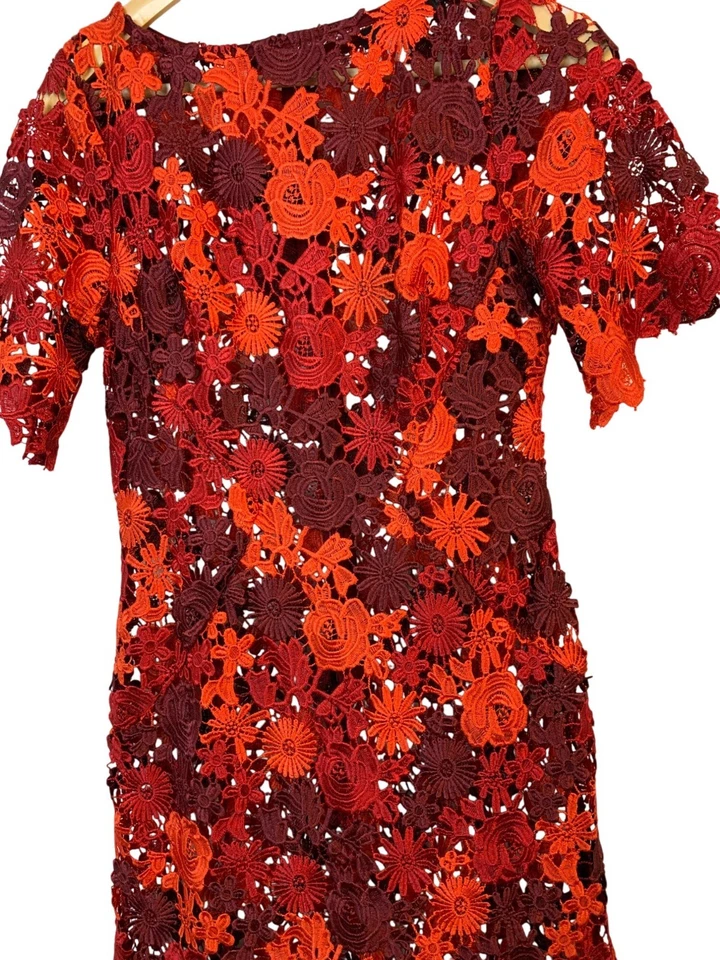 Vestido Eva Franco Anthro Rojo Naranja Encaje Crochet Floral Transparente Talla S RX10444 NUEVO CON ETIQUETAS Foto 3 de 4