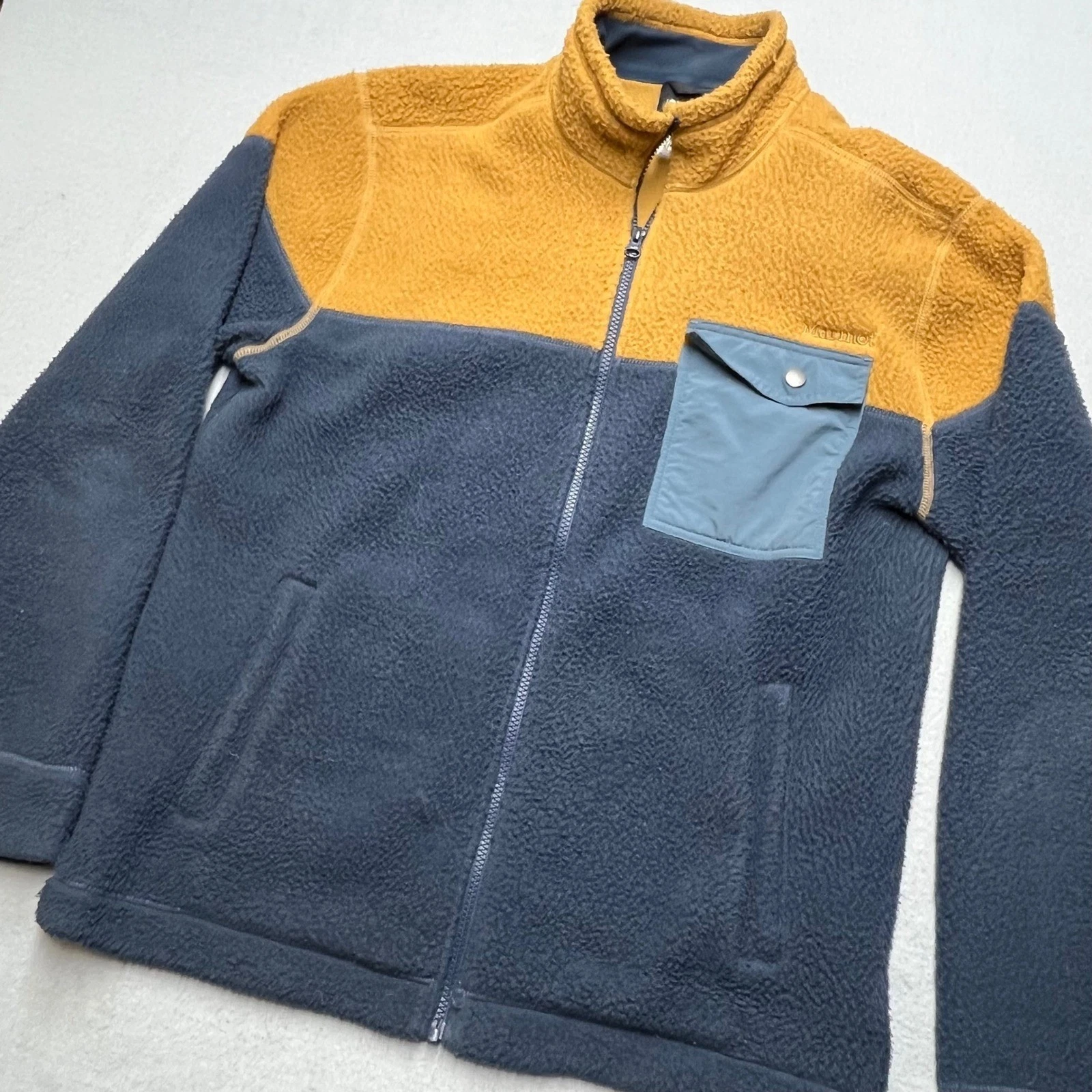 VTG Marmot Color Block Fleece Jacket Full Zip Medium Blue Orange pile pocket
