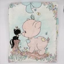 Vintage Precious Moments Baby Blanket Comforter Quilt Pig Skunk Crib Cutesy Blue